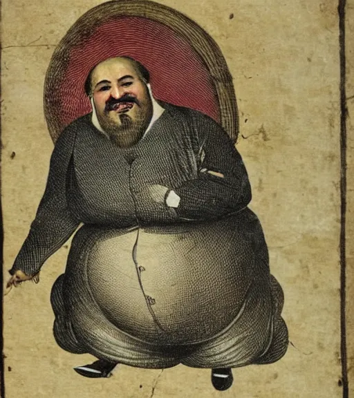 Image similar to 1 8 th century ottoman illustration of a bearded obese charlatan who is a quack with a nasty smile on his face, highly detailed