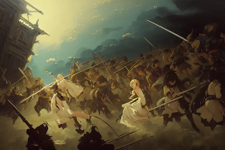 Image similar to baroque oil painting of key visual environment concept art of anime maids fighting a crusade in jerusalem, brutalist, dark fantasy, rule of thirds golden ratio, fake detail, trending pixiv fanbox, acrylic palette knife, style of makoto shinkai studio ghibli genshin impact jamie wyeth james gilleard greg rutkowski chiho aoshima