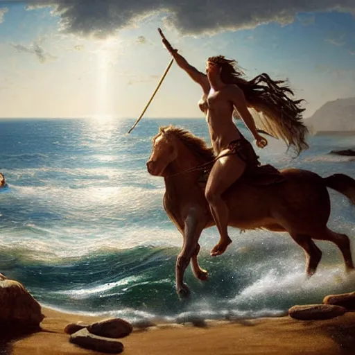 Prompt: a highly detailed tarot card of poseidon revealing himself, riding a horse out of the ocean woman sitting in the sand watching the ocean, epic fantasy, god rays, rocky beach, ultrawide lense, aerial photography, unreal engine, exquisite detail, 8 k, art by albert bierstadt and greg rutkowski and jeong seon