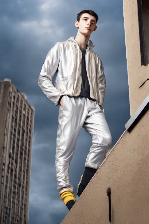 Image similar to un ultra high definition studio quality photographic art portrait of a young man standing on the rooftop of a british apartment building wearing soft padded silver pearlescent clothing. three point light. extremely detailed. golden ratio, ray tracing, volumetric light, shallow depth of field. set dressed.