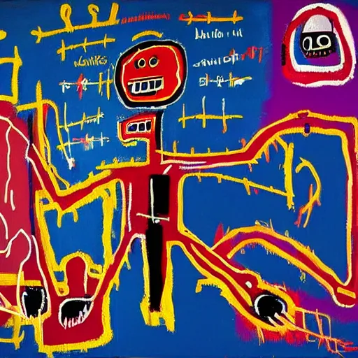 Prompt: a Painting by Jean Michel Basquiat about facebook and social media, detailed