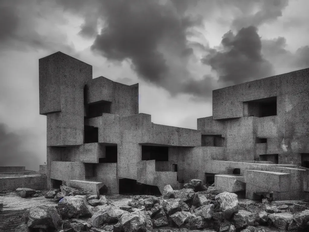 Prompt: photo of a brutalist building in the middle of a storm. realistic clouds that resemble levitating large rocks. impressive, magical, very atmospheric, fog, cinematic, deep, very high complexity, stunning, dramatic masterpiece, iridescent, chiaroscuro, romantism, very detailed. 4 k