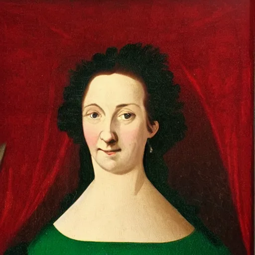 Prompt: portrait of a 40 years old women, dark red hair, green eyes, in historic clothing, 18th century painting, black canvas