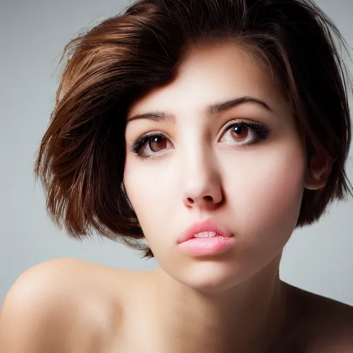 Image similar to portrait shot of a beautiful girl with puffy lips, squarish face, short hair