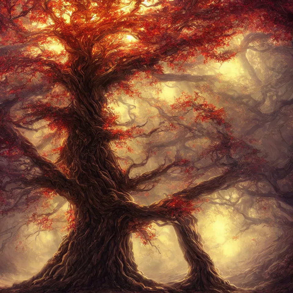 Image similar to giant tree,beautiful autumn spirit, digital art, concept art, fantasy art, highly detailed, HD wallpaper, artstation, Deviantart, abeyance