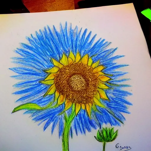 Image similar to crayon drawing of a sunflower, drawn by a 6 year old, photorealistic