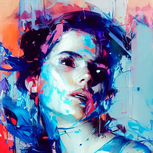 Image similar to portrait of beautiful girl, sensual dancing, ecstatic, techno party, shades of blue, by greg rutkowski, by jeremy mann, by francoise nielly