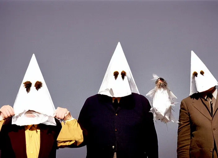 Image similar to realistic photo portrait of a three old hairy scientists wearing white shorts, cone heads, holding crows on their faces covered 1 9 9 0, life magazine reportage photo, natural colors