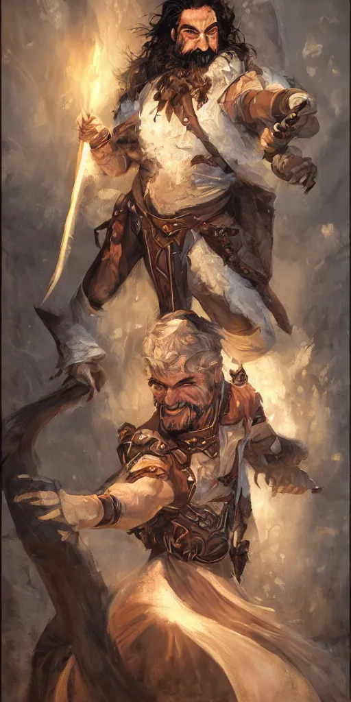 Image similar to beautiful portrait painting of a very short and small male halfing bard with brown hair with some grey hairs, full beard, ridiculous smile, from pathfinder, evil smirk, narcissist, self centered, casting fireball, painted by larry elmore, wayne reynolds, greg rutkowski, magic the gathering, dungeons and dragons, dishonored 2