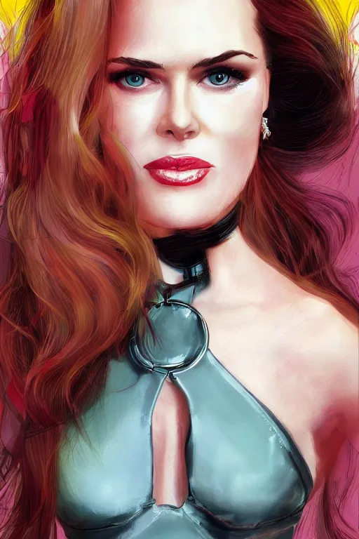 Image similar to mix of beautiful young maria shriver, mariel hemmingway, brooke shields, nicole kidman and elle macpherson as a dominatrix, thin lips, hair tied up in a pony tail, dark blonde hair, colorful, deviantart, artstation, cgsociety