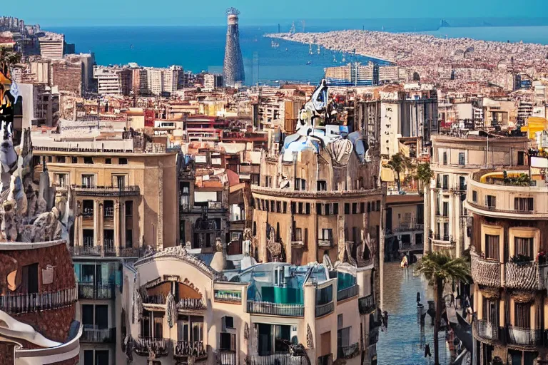 Image similar to touristic brochure to visit a catastrophic barcelona, buildings covered with high water, floating cars, catchy graphic design, photo real