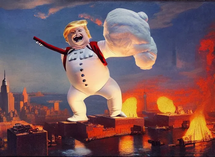 Prompt: donald trump dressed as the stay puft marshmallow man, destroying new york, matte painting, by isaac levitan and asher brown durand,