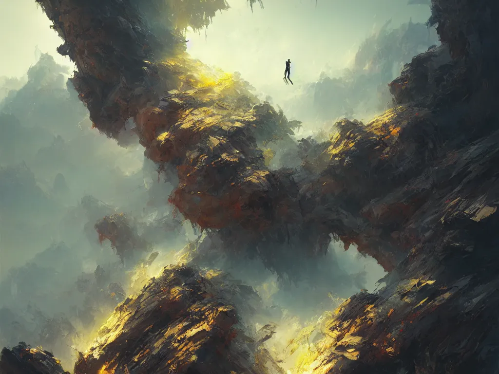 Image similar to a heavenly ninja warrior, hellish landscape, flowing backlit hair, painting by geg ruthowski, alphonse murac, craig mullins, ruan jia, wlop, yoji shinkawa, collaborative artwork, exquisitely high quality and detailed