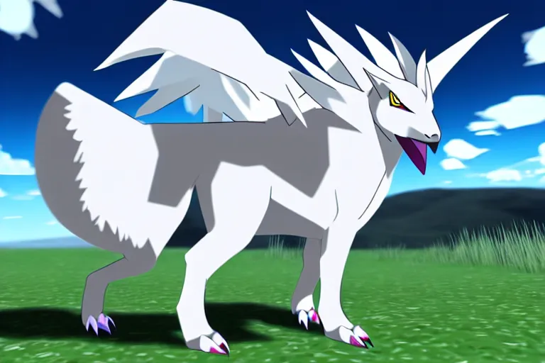 Image similar to a white feathered wolf with a bladed horn and tail. a photo of absol in the style of a pokemon snap screenshot.