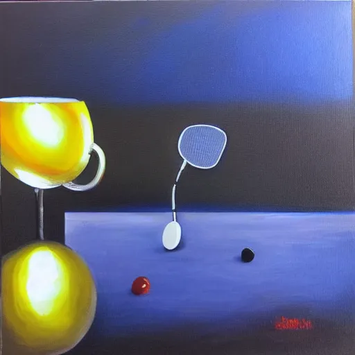 Prompt: Dos muxus xugando al ping pong sobro fondu naranxa, oil painting