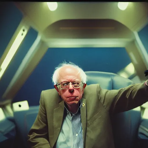Prompt: Bernie Sanders on a spaceship, cinestill 800t 50mm, 4k, photography