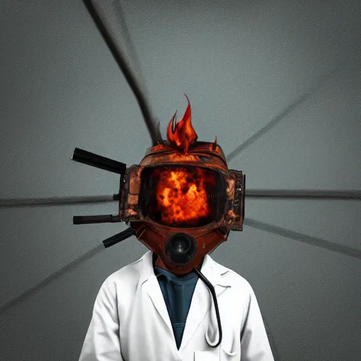 Prompt: An album cover, fire, mask, stethoscope, 3d render, ((robot)), (unreal engine), (rust), photograph, portrait, painting, (((trees)))