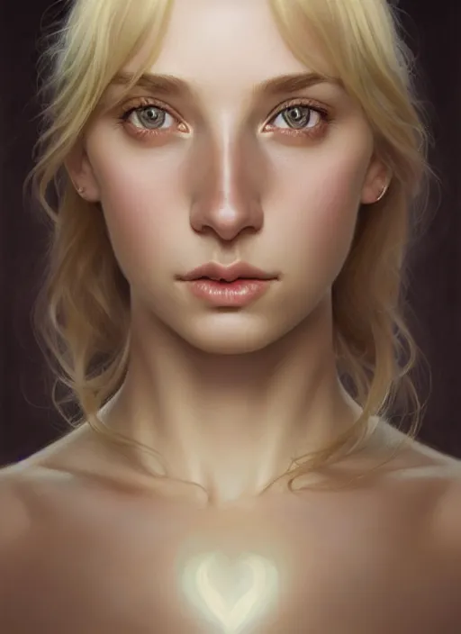 Image similar to beautiful symmetrical face, portrait of young woman blessed with ever - increasing physical and mental perfection, realism, blonde hair, perfect face!! intricate, elegant, highly detailed, vision of holy perfection!! digital painting, artstation, concept art, smooth, sharp focus, illustration, humanity, art by artgerm and greg rutkowski and alphonse mucha