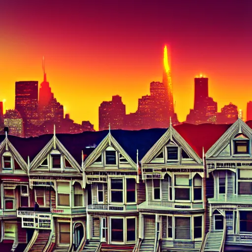 Image similar to a photograph of the painted ladies in san francisco at sunset foggy artstation cyberpunk dreamscape high definition