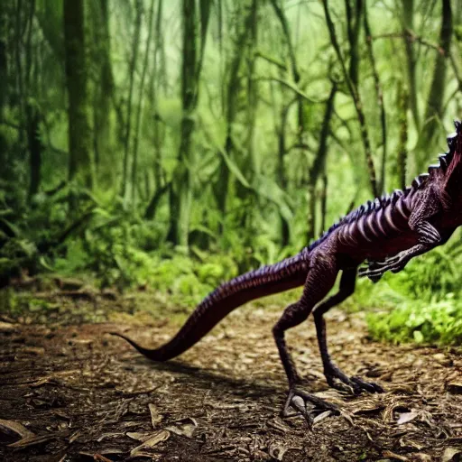 Prompt: Velociraptor dinosaur, walking in the jungle, the velocirapter has blood on its teeth, 8k, professional photography, cinematic shot, dark, smoke