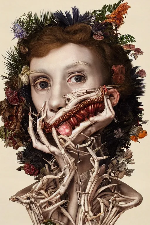 Image similar to Detailed maximalist portrait a with large lips and with large eyes, exasperated expression, botanical skeletal with extra flesh, high fashion, HD mixed media, 3D collage, highly detailed and intricate, surreal illustration in the style of Caravaggio and Jenny saville, dark art, baroque