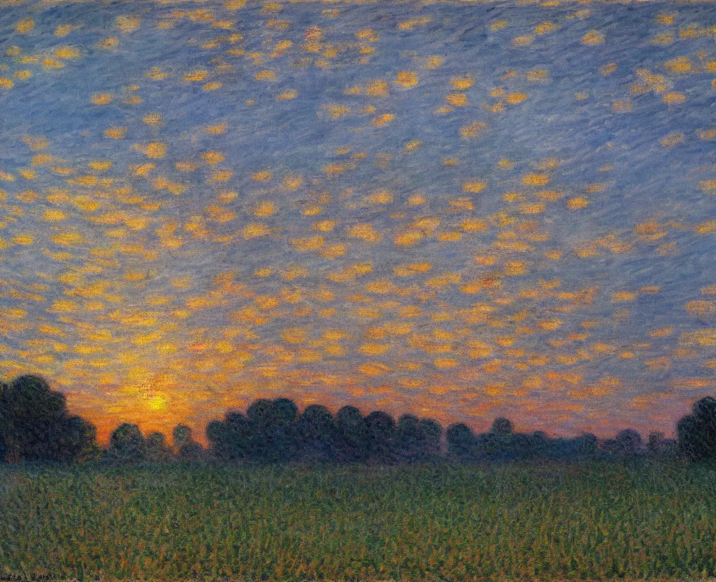 Image similar to an impressionism painting of endless cornfields at sunset, volumetric lighting, godrays, light rays, claude monet