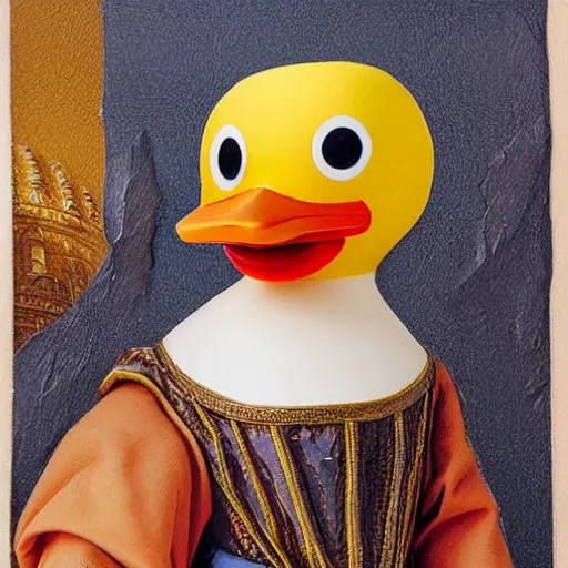 Image similar to a matte portrait of a highly decorated rubber duck with a dreamy expression, highly detailed, illustration in renaissance style