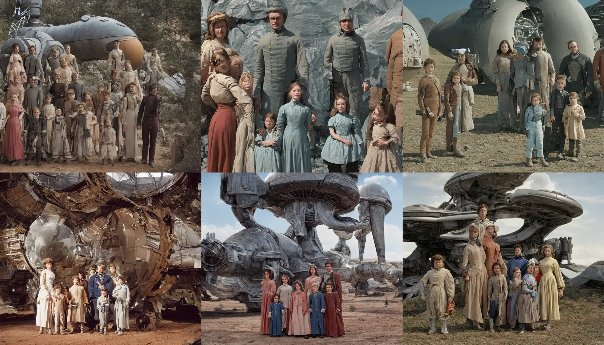 Prompt: highly detailed, 256435456k film, 2150400mm film still from a sci fi blockbuster color movie made in 2019, set in 1860, of a family standing in front of a spaceship that has just landed on an alien planet, the family are all wearing 1860s era clothes, good lighting, good photography, ultra high definition
