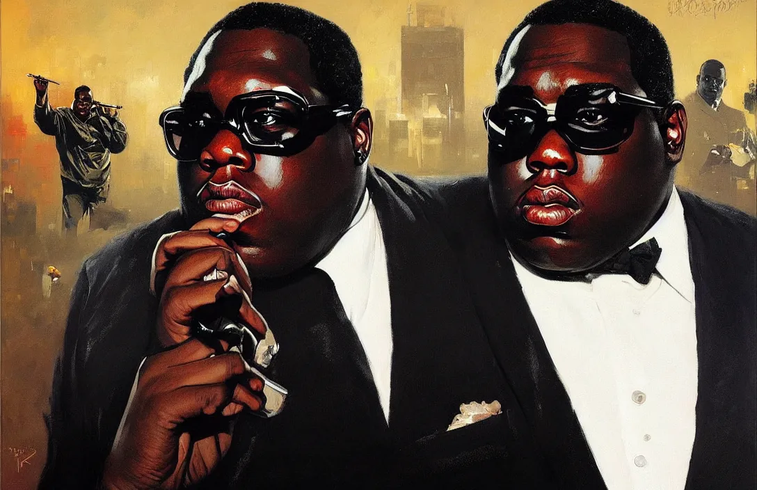 Image similar to portrait of the notorious b. i. g. as james bond!!!!!!!!!!!!!!!!!!!!!!!!!!!, detailed face, detailed painting, epic lighting, by ilya repin, phil hale and kent williams