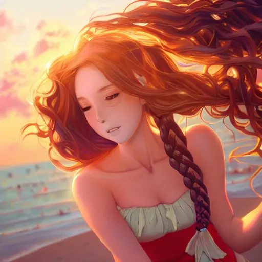 Prompt: a very beautiful anime cheerleader, full body, long braided curly hair, twisted braids, golden watery eyes, full round face, short smile, serene beach setting, cinematic lightning, medium shot, mid-shot, highly detailed, trending on artstation, Unreal Engine 4k, cinematic wallpaper by Stanley Artgerm Lau, WLOP, Rossdraws, James Jean, Andrei Riabovitchev, Marc Simonetti, and Sakimichan