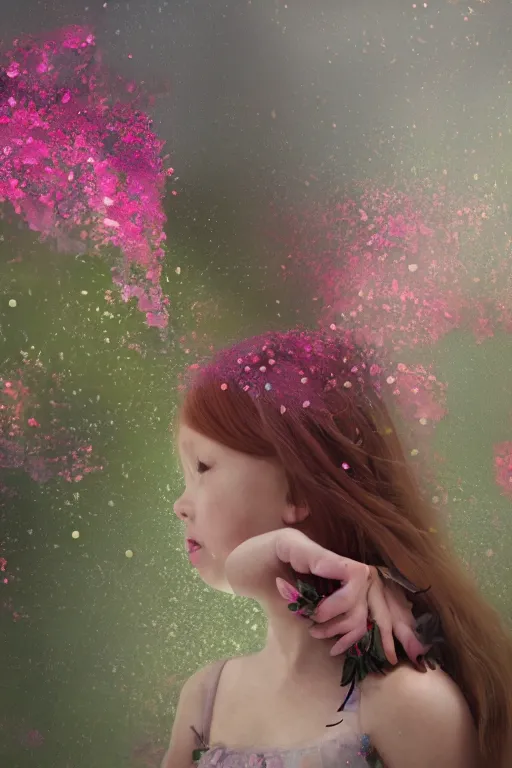 Prompt: oil painting, gray, pink, contrast, firefly lights, water droplets, underground cave, transparent stones, in the distance redheaded flower girl and dress of living flowers, butterflies of flowers, roses, lilies, jets, overhead light, high quality octane render 4 k, 8 k