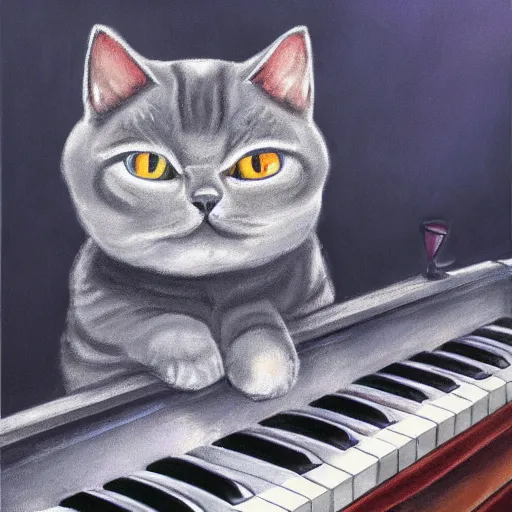 Prompt: grey british shorthair cat sitting playing piano keyboard with abstract musical note background detailed pastel painting 4 k