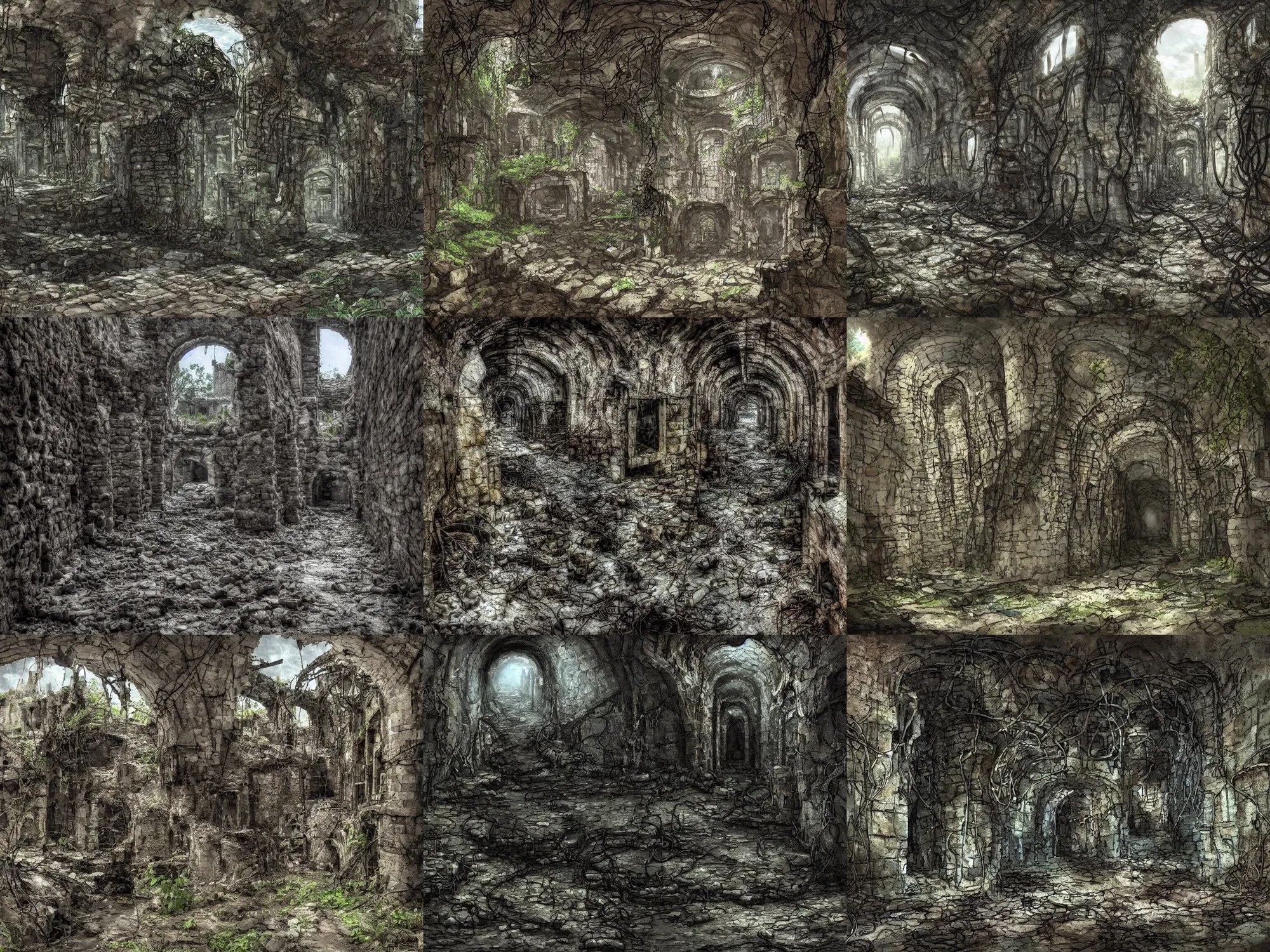 Prompt: inside the old sewers in the ruined part of the city. fantasy art, cracks in the walls, stagnant water, vines, ruins, abandoned spaces, danger, dungeon.