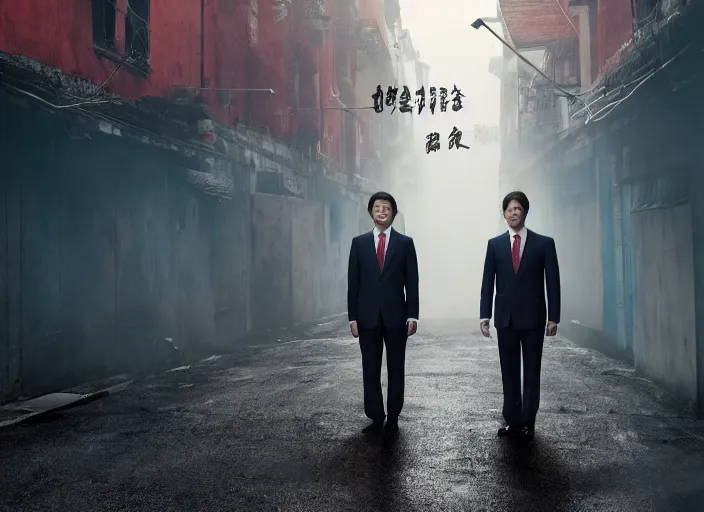 Prompt: a very high resolution image from a new movie, two deer head man in suits, in a narrow chinese alley, surrounded by water vapor, beatiful backgrounds, dramatic lighting, directed by wes anderson