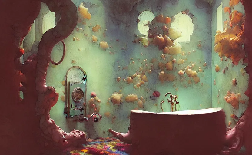 Image similar to bathroom, fantasy. intricate, amazing composition, colorful watercolor, by ruan jia, by maxfield parrish, by marc simonetti, by hikari shimoda, by robert hubert, by zhang kechun, illustration, gloomy