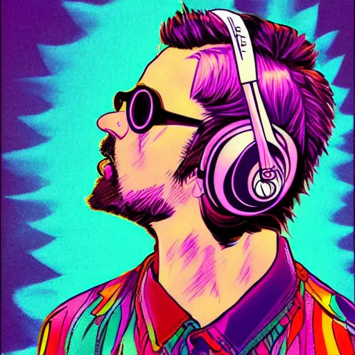 Image similar to artgerm, psychedelic johnny rotton giving you the middle finger, rocking out, headphones dj rave, digital artwork, r. crumb, svg vector