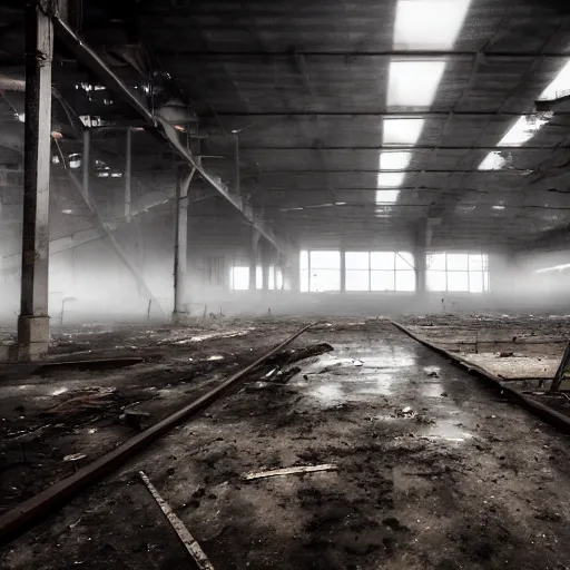 Image similar to picture of the inside of a large scale manufacturing facility, dirty, dusty, abandoned, moody lighting, contrast, photography, wires, lights, conveyor belts, mezzanine, fog