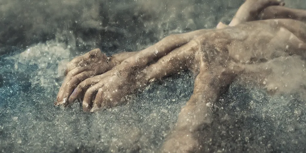 Image similar to a blurry closeup picture of gorgeous human bodies intertwined, female bodies, hands, dripping wet, macro photography, long exposure photograph, surrealism, anamorphic bokeh, cozy, soft light, cyan and orange, caustic, atmospheric fog, octane render, cinematic