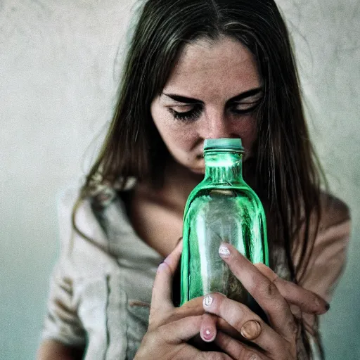 Image similar to lomo photograph, intricate detail, hyper detail, woman, very tired, full body potrait holding bottle, hazel green eyes, realistic, highlydetailed, natural, masterpiece, sharp focus,