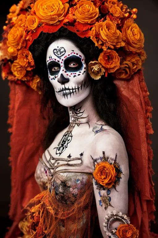 Image similar to 1 9 1 0's virgin mary dia de muertos dress and make up, horrific beautiful vibe, evocative, atmospheric lighting, painted, intricate, highly detailed, leesha hannigan, wayne haag, reyna rochin, ignacio fernandez rios, mark ryden, iris van herpen, stunning, gorgeous, sharp focus, cinematic, masterpiece