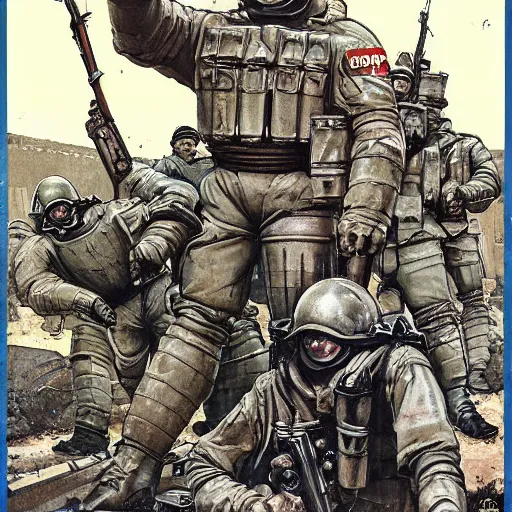 Prompt: Soviet mechs in the style of Norman Rockwell, world war 2, WWII, propaganda poster, sci-fi illustrations, highly detailed, award-winning, patriotic, soviet, ussr, dark, gritty, ink