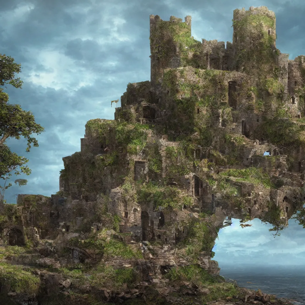 Image similar to looking up at a ruined castle on a small island only reachable by a small land bridge, 8 k, ultra realistic cinematic, intricate, cinematic light, concept art, illustration, art station