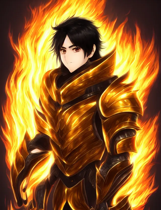 Image similar to a detailed manga portrait of a black haired man with hazel eyes in gleaming golden armour that burns with golden fire, trending on artstation, digital art, 4 k resolution, detailed, high quality, sharp focus, hq artwork, coherent, insane detail, character portrait