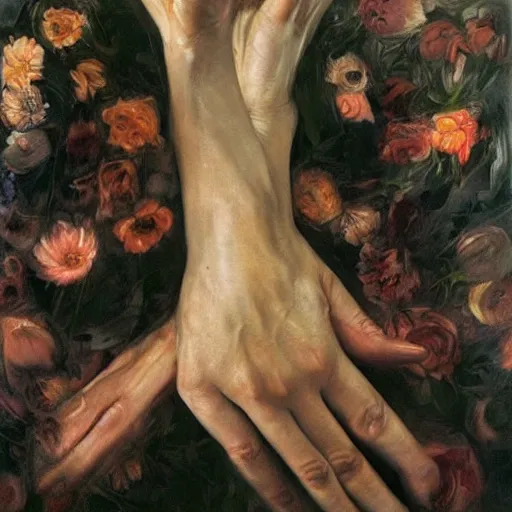 Image similar to a thousand of hands touching flowers, by Jenny saville. Dark and atmospheric