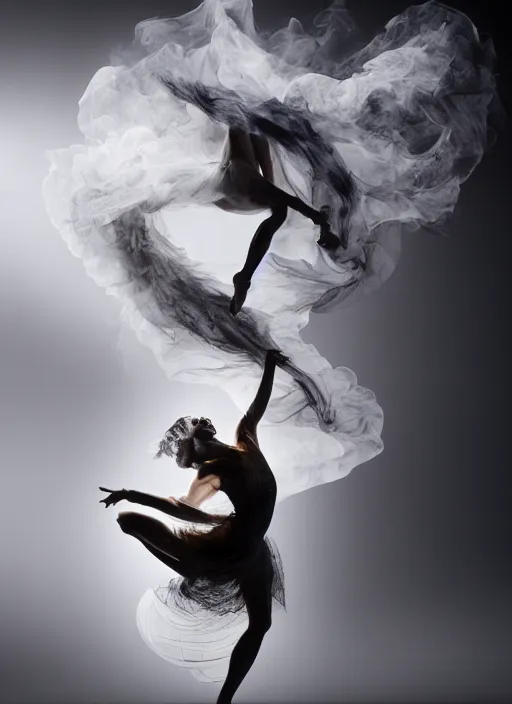 Image similar to a Photorealistic dramatic hyperrealistic render of a glamorous beautiful Female smoke dancer by Ken Brower and Deborah Ory of NYC Dance project,Lois Greenfield,Flowing cloth and smoke,Beautiful dynamic dramatic dark moody lighting,volumetric,shadows,cinematic atmosphere,Octane render,8K