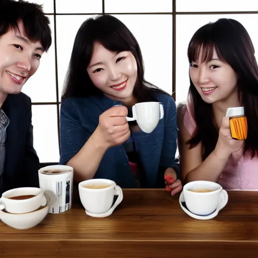 Prompt: a group of 4 people drinking coffee : korean girl, osetin girl, vyacheslav, ilya