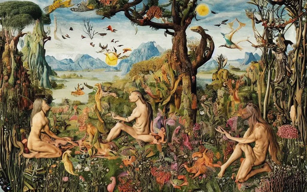 Image similar to a photograph of a meditating centaur shaman and a harpy mermaid feeding animals. surrounded by bulbous flowers, animals and a few trees. river delta with mountains and cliffs under a blue sky full of burning stars and birds. painted by jan van eyck, max ernst, ernst haeckel, ernst fuchs and artgerm. trending on artstation