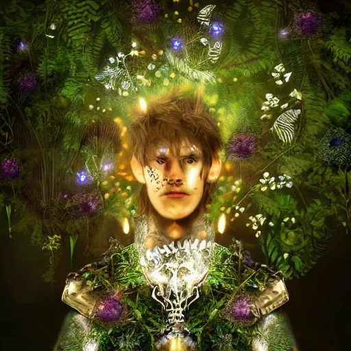 Image similar to a male knight, stern face, clear eyes, in a dark forest, shining armour made of steel and flowers, and fractal flowery hair in a fractal garden, glowing delicate flower, berries and ferns that grow in a dark fantasy forest, full frame,