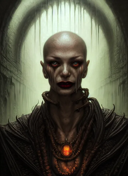 Image similar to closeup portrait shot of a vampire in a dungeon in a scenic dystopian environment, intricate, elegant, highly detailed, centered, digital painting, artstation, concept art, smooth, sharp focus, illustration, artgerm, tomasz alen kopera, peter mohrbacher, donato giancola, joseph christian leyendecker, wlop, boris vallejo