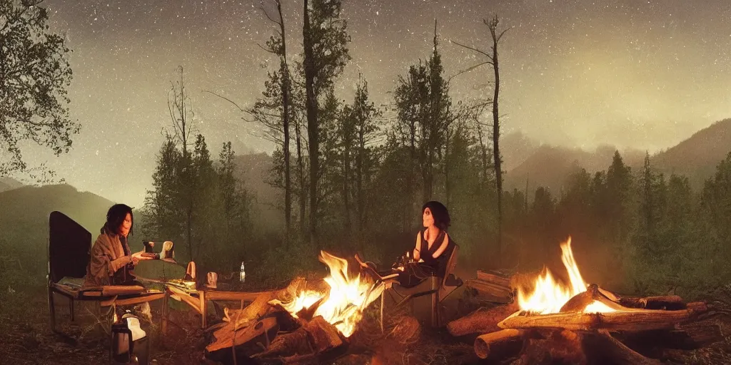 Prompt: A girl with short black hair and green eyes in a tan trenchcoat sitting on a log and drinking tea by the campfire by her motorcycle at night under the stars, elegant scene, beautiful landscape in the background, wide angle, cinematic lighting, atmospheric, ultrarealistic, trending on artstation, cgsociety, highly detailed, color graded, in the style of craig mullins, rendered in Unreal Engine 4k HQ, horizon forbidden west